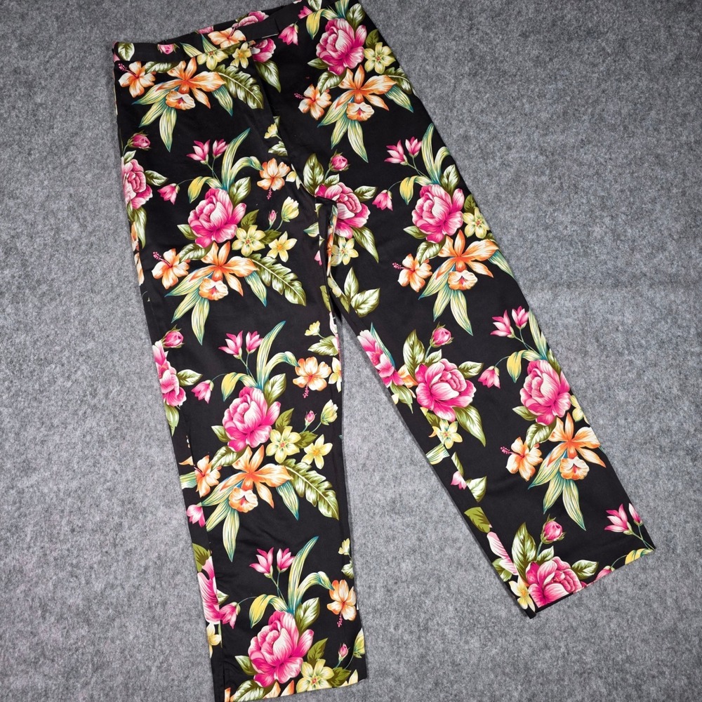 Vintage Versailles Crop Pants Floral Roses Black Pink Tropical Straight Retro 10